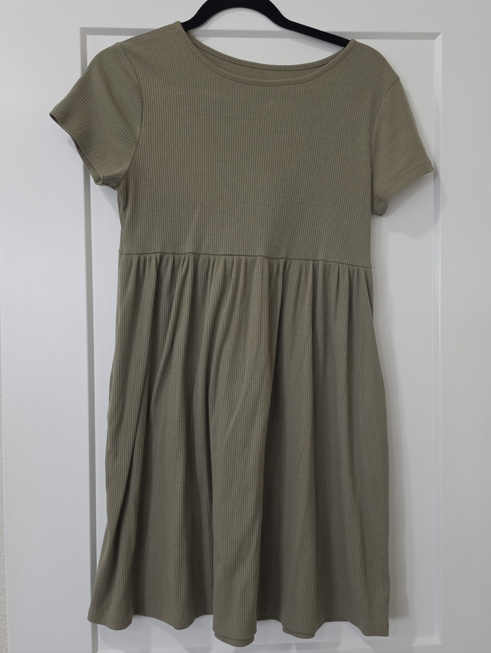 wild fable Olive Green Ribbed Short-Sleeve Babydoll Dress